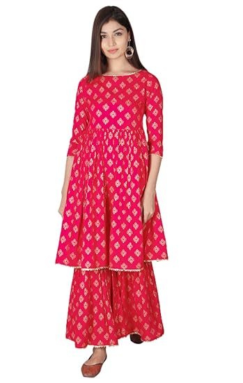 Women's Rayon Gold Print Gathered Kurta With Garara Set