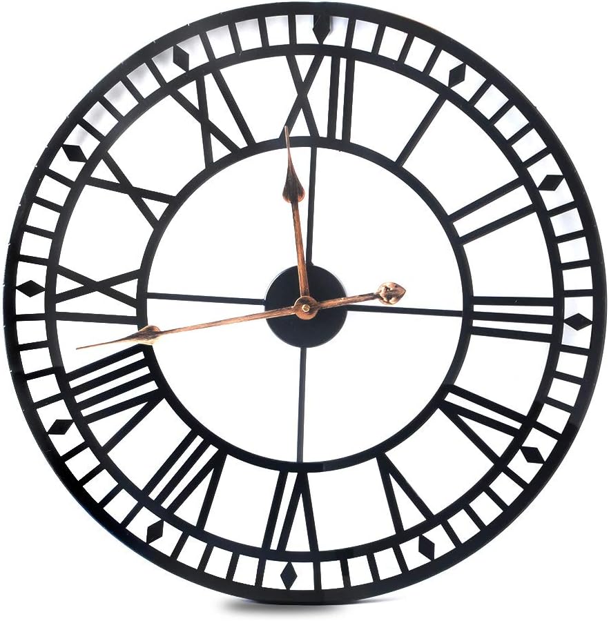 IVhomeshop 60cm Large Round Black metal wall clock Large clock Garden Outdoor Wall Clock Antique Vintage Retro Style Roman Numerals