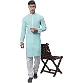 Sojanya (Since 1958 Men'S Pure Cotton Blue Kurta With White Embroidery