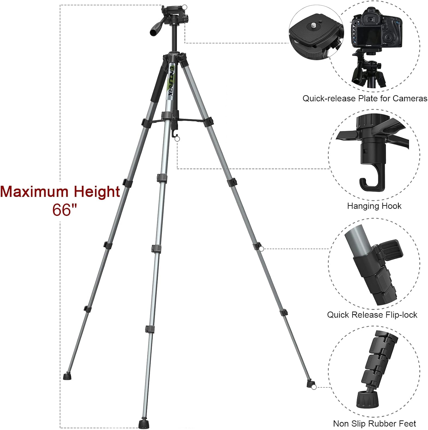 Endurax 66" Video Camera Tripod Compatible with Canon Nikon Lightweight Aluminum Travel DSLR Camera Stand with Universal Phone Holder Mount and Carry Bag : Camera & Photo