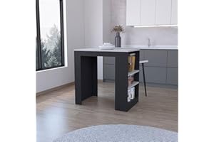 FM FURNITURE Harlan Kitchen Island with 3 Side Shelves, Black/Ibiza Marble