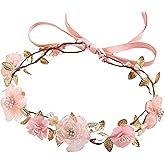 KorViSHOW Pink Flower Crown Headband - Floral Headband for Women Floral Girl Headpiece Fairy Flower Renaissance Hair Accessory for Girls Women Birthday Wedding Party Photo Props