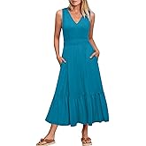 Newshows Women's 2025 Summer Dress Vacation V Neck Sleeveless Midi Dress Tiered Tank Swing Sundress with Pockets