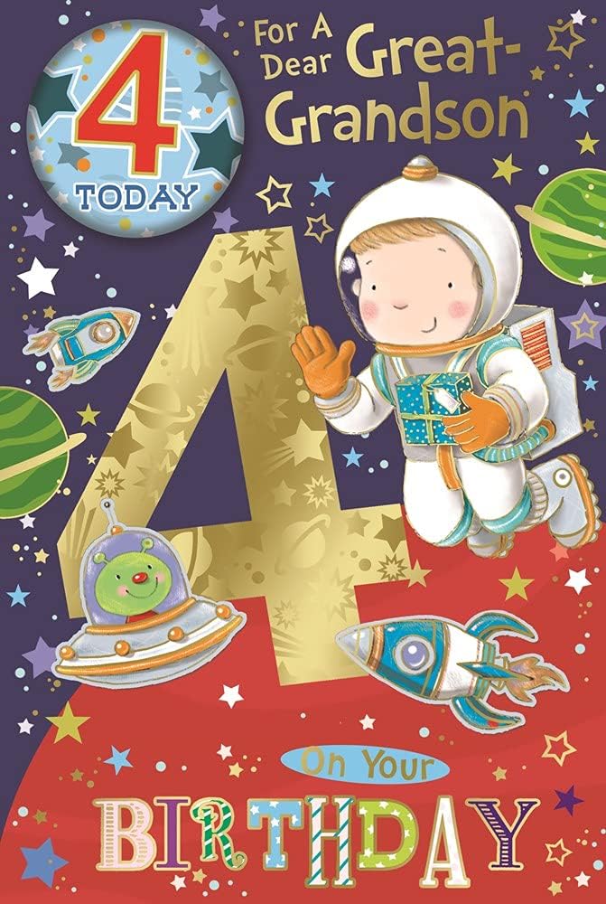 Great Grandson 4th Birthday Card & Badge - 4 Today Boy in Space 9" x 6", green|red|yellow|blue, 23cm x 15cm
