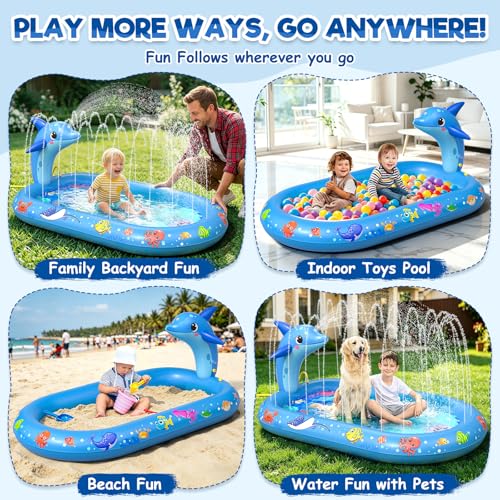Inflatable Paddling Pool for Kids, Splash Pad for Kids, 3 in 1 Dolphin Pattern Kids Pool Inflatables, Thickened Material with Water Pipe, Backyard Summer Water Toys for Boys and Girls Age 1+