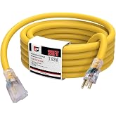 EP 25 Ft 10/3 SJTW Lighted Outdoor Extension Cord, Yellow | 10 Gauge Heavy Duty Extension Cable, 3 Prong Grounded Plug, Safety, ETL Listed