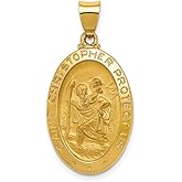 Hollow Saint Christopher Protect Us Words on Oval Medal Pendant in Real 14k Gold