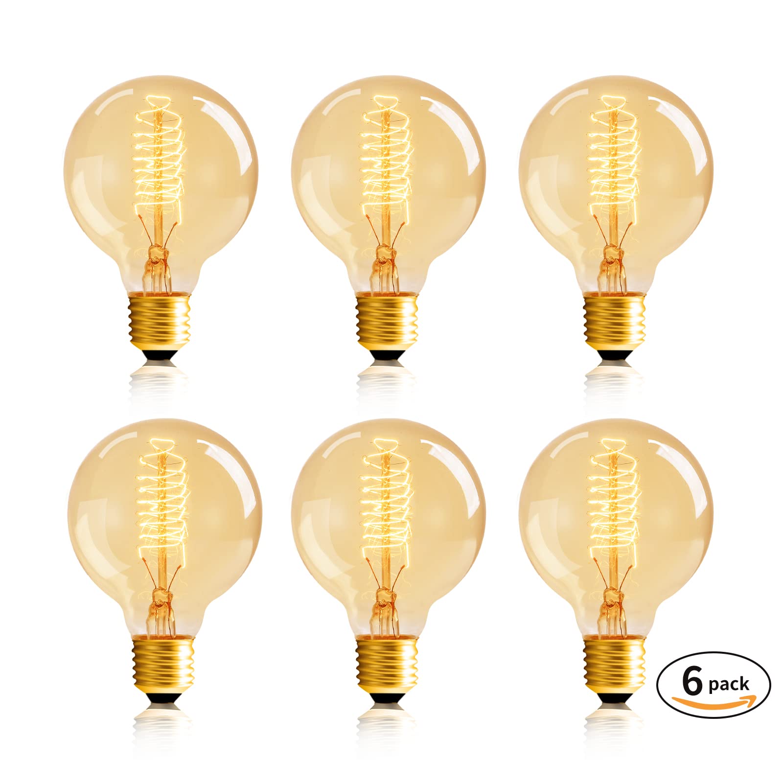 HUIBONA E27 G80 Screw Spiral Filament Edison Bulb,6-Pack 60w Globe Bulbs Diameter 80mm, Vintage Style Warm White, Amber Glass[Energy Class C] (6-Pack) (6 Pack)