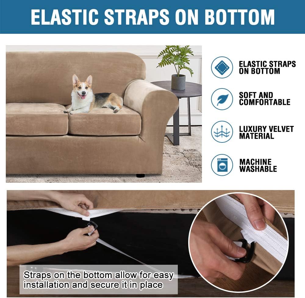 Modern Velvet Plush 4 Piece High Stretch Sofa Slipcover Strap Sofa Cover Furniture Protector Form Fit Luxury Thick Velvet Sofa Cover for 3 Cushion Couch, Machine Washable(Sofa,Camel): Kitchen & Dining