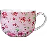YUESITE Large 25 Ounce Large Coffee Mug Soup Bowls with Handles Oversized Soup Mugs Bone China Soup Mug Cup Soup Bowl for Coffee Cereal Latte (pink rose)