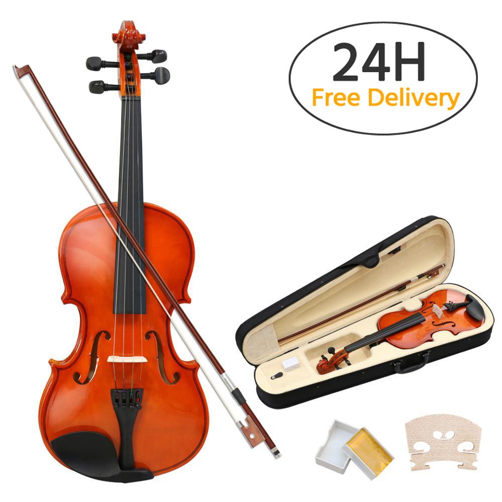 Popamazing New 4/4 Full Size Natural Acoustic Violin Set Antique Wood Violin with Bow&Rosin Cake&Bridge&Strings + Carry Case