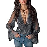 Lace Tops for Women Going Out Long Sleeve Deep V Neck Elegant Shirt Comfy Going Out Tops for Women 2026
