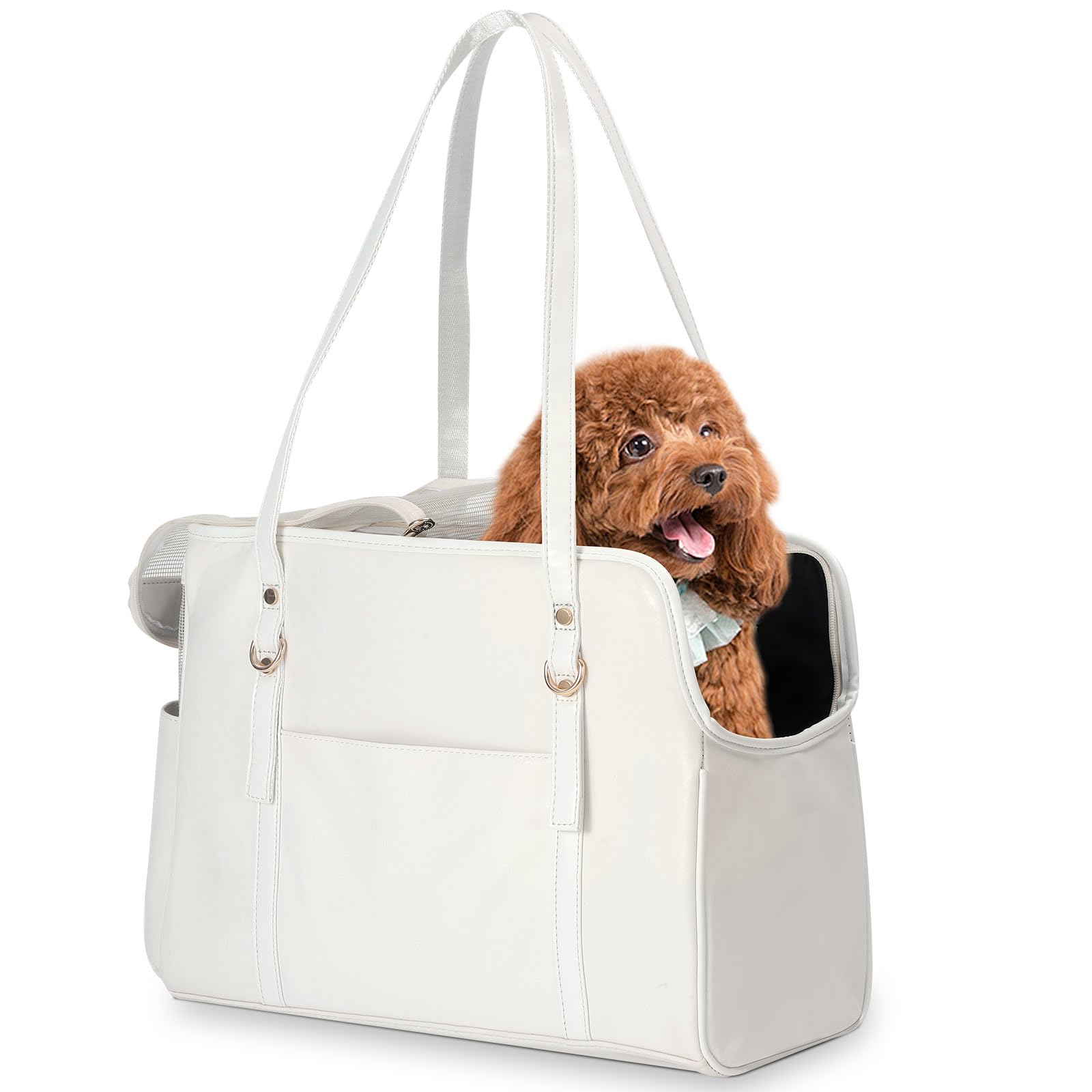 Lasaviin Dog Carrier Purse, Fashion Leather Pet Carrier with Pockets, Airline Approved Soft Sided Dog Carrying Bag for Puppy Cat Dog White