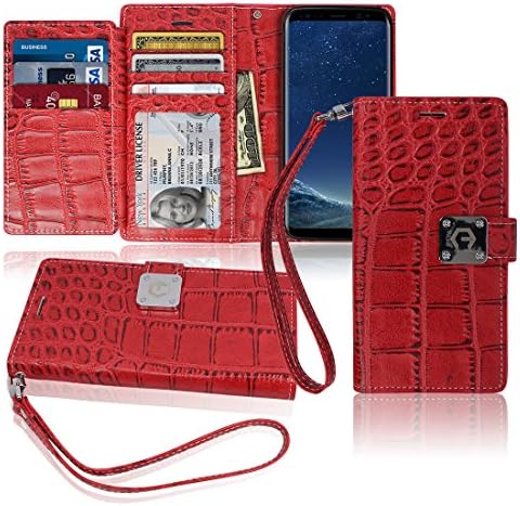 S8 Wallet Case, Matt [ 8 Pockets ] 7 ID / Credit Card 1 Cash Slot, Power Magnetic Clip With Wrist Strap For Samsung Galaxy S 8 Leather Cover Flip Diary (Red)