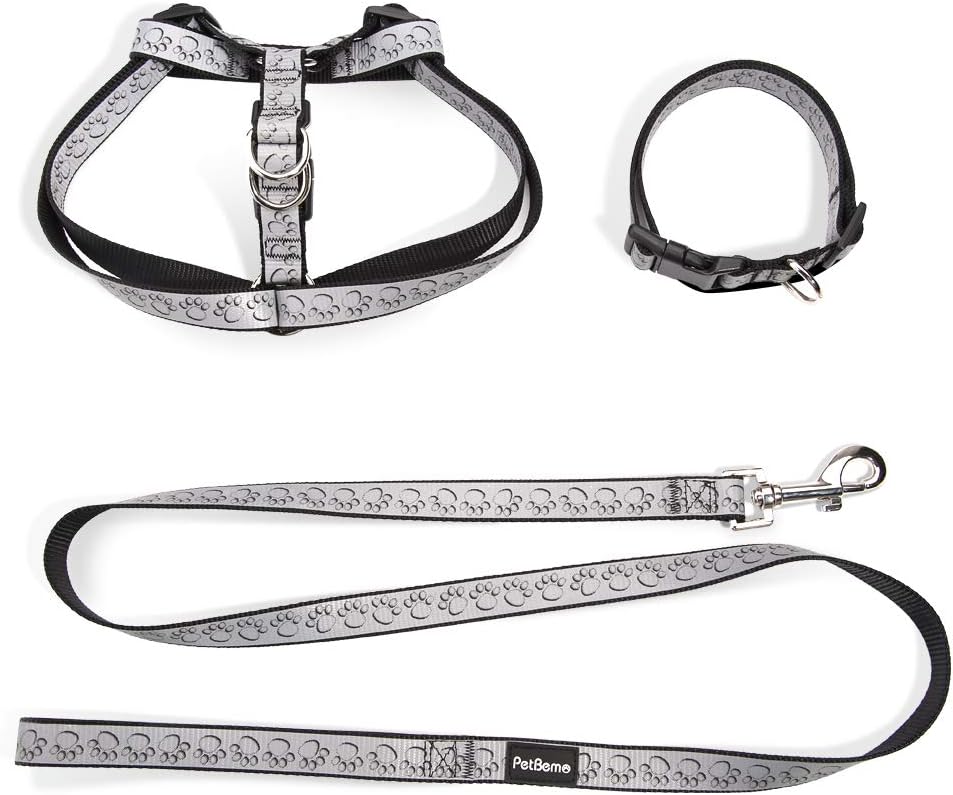 Adjustable Reflective Pet Leash Collar Harness Set Double Band Nylon Dog Paw's Print Leash Set for Small Medium Pet for Walking Black,Small