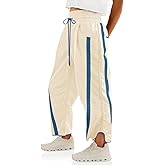 Fisoew Women's Baggy Wide Leg Pants Casual Drawstring Elastic Waisted Contrast Color Workout Y2K Track Pants