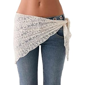 Women Waist Scarf Skirt Y2K Lace Layered Scarf Belts Sheer Hip Cover Wrap Boho Floral Lace Triangle Bandana for Pants