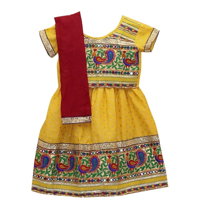 Kid1 By Hopscotch Girls Rayon Traditional Choli With Embroidered Border Lehenga in Yellow Color