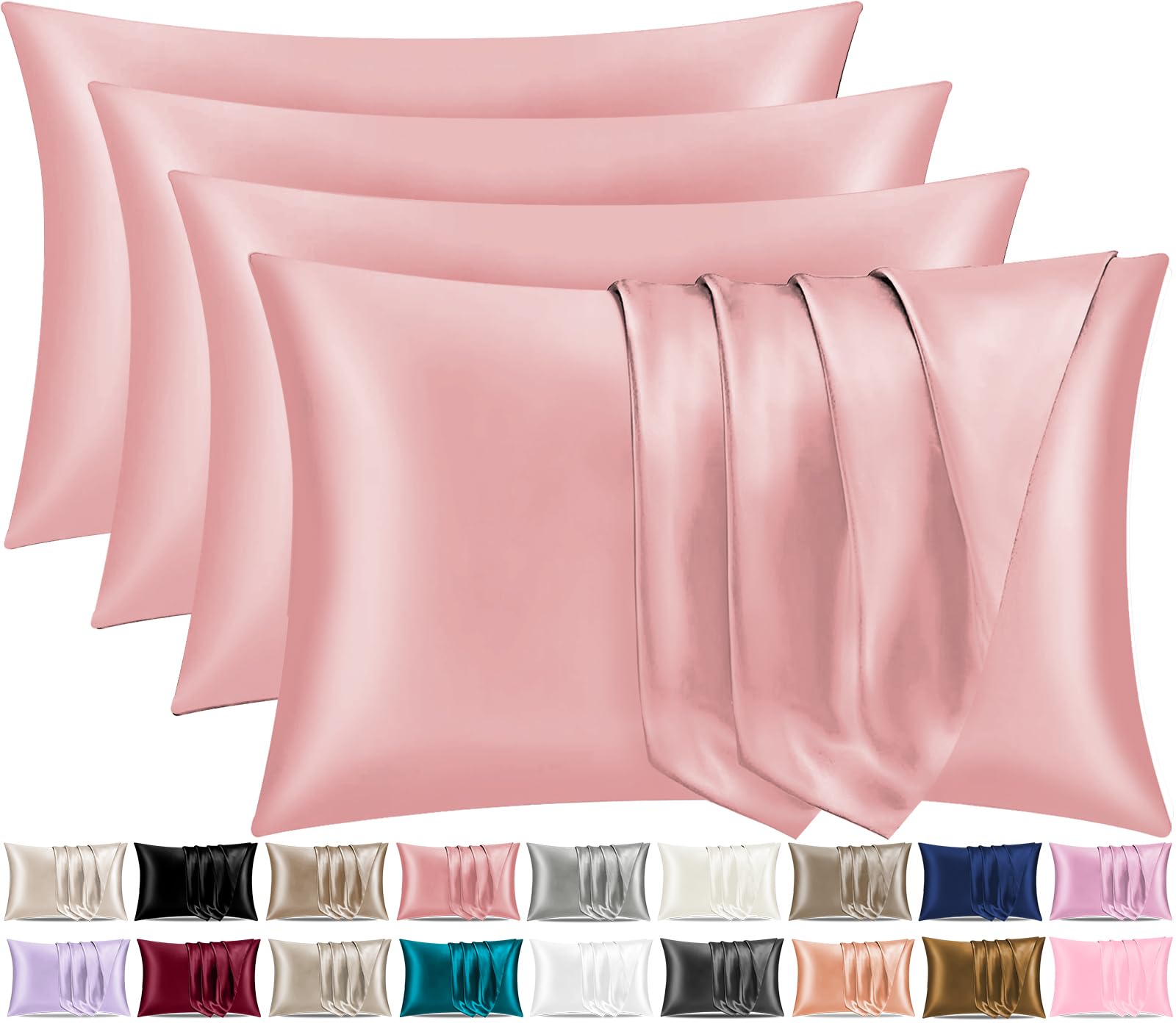 Pamposh Satin Silk Pillowcases For Hair And Skin 4 Pack Standard Size with Envelope Closure (4 Pcs Pillowcases (50 x 75 cm), Coral)