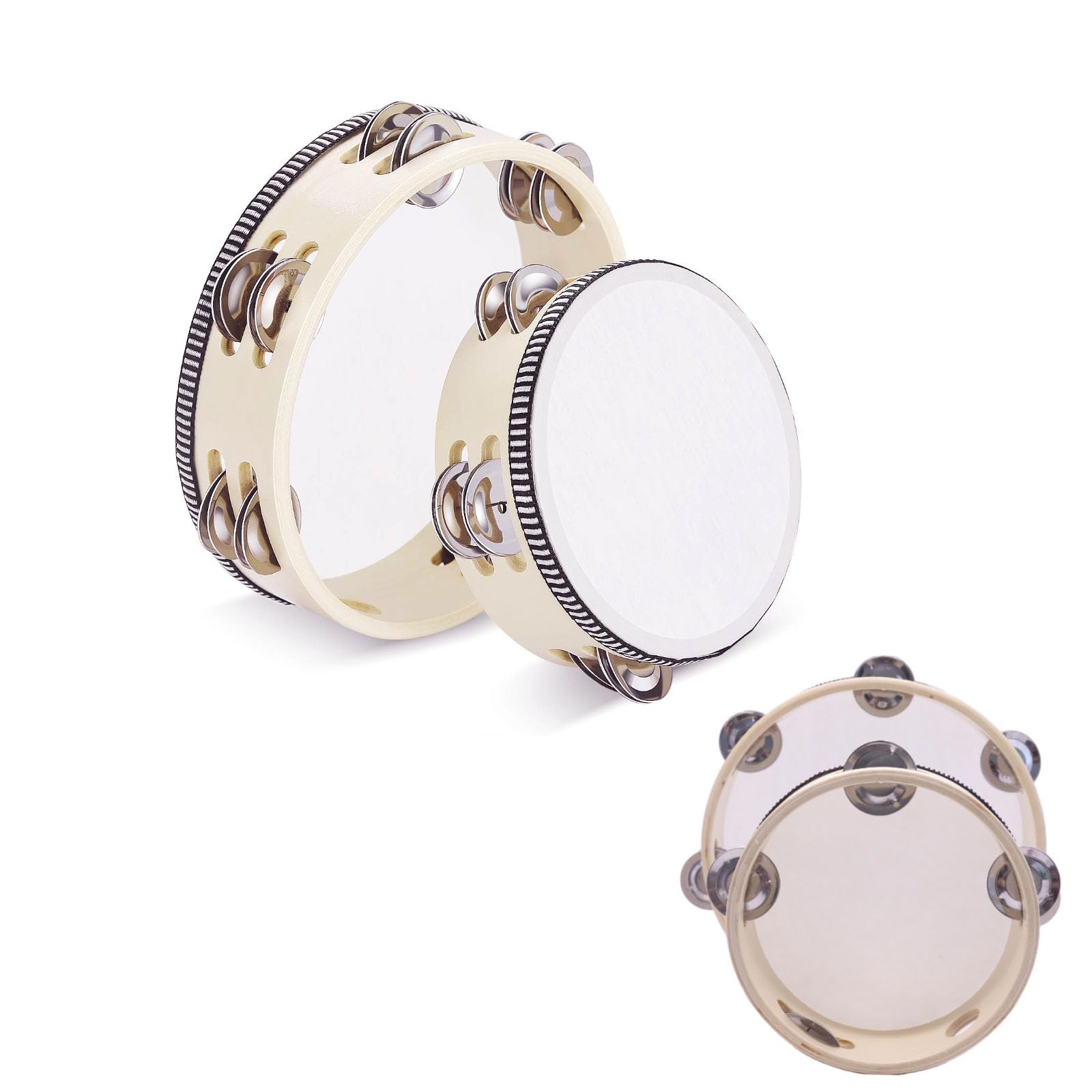 2 Pieces Handheld Tambourine, Tambourines with Jingle Bells, Wooden Tambourine Bell, Wooden Single Row Hand Drum, Dance & Song Accompaniment (6inch And 8inch)