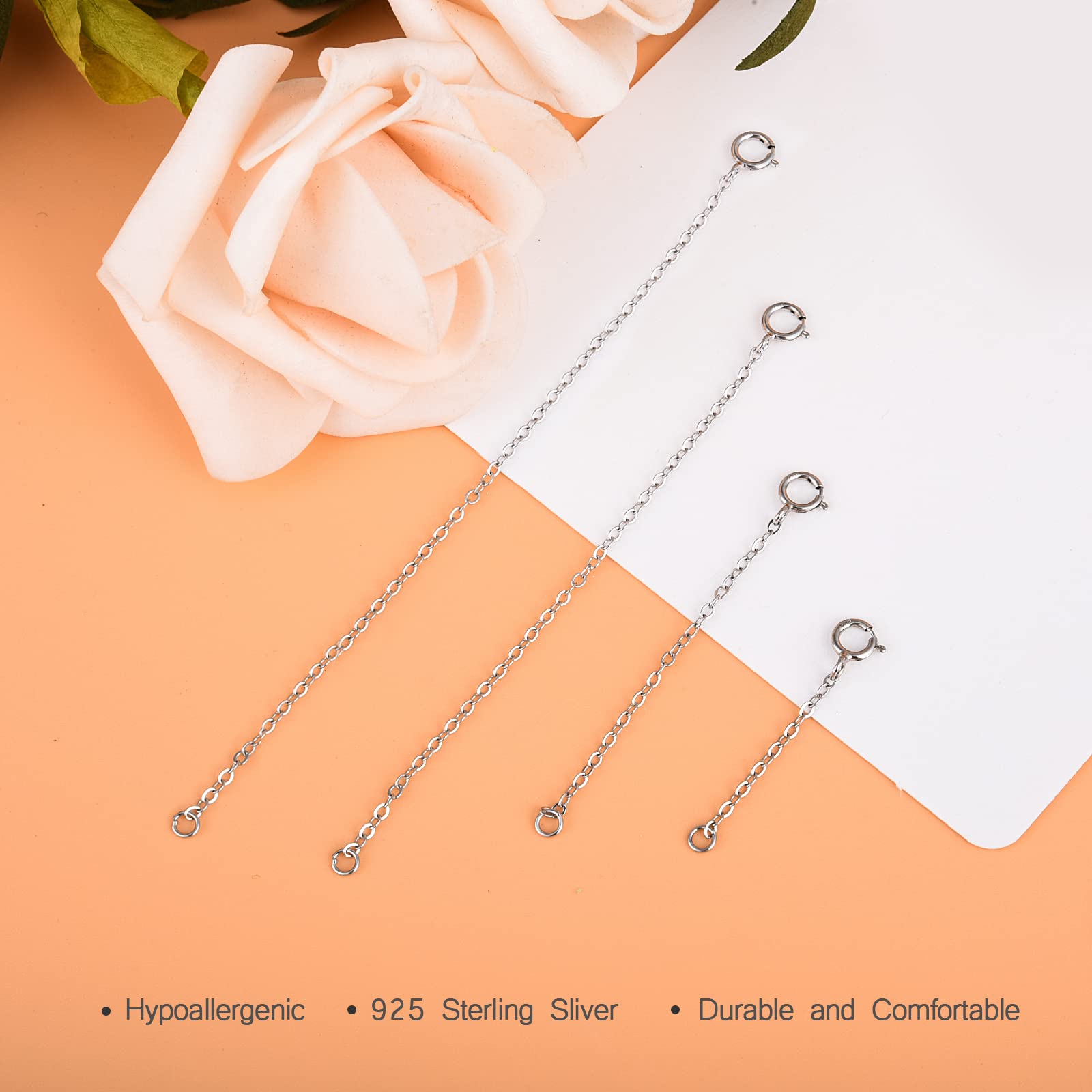 4Pcs 925 Sterling Silver Necklace Extender, Chain Extenders Bracelet Anklet Extension for Women Multiple Necklaces Jewelry (1”, 2”, 3”, 4”)