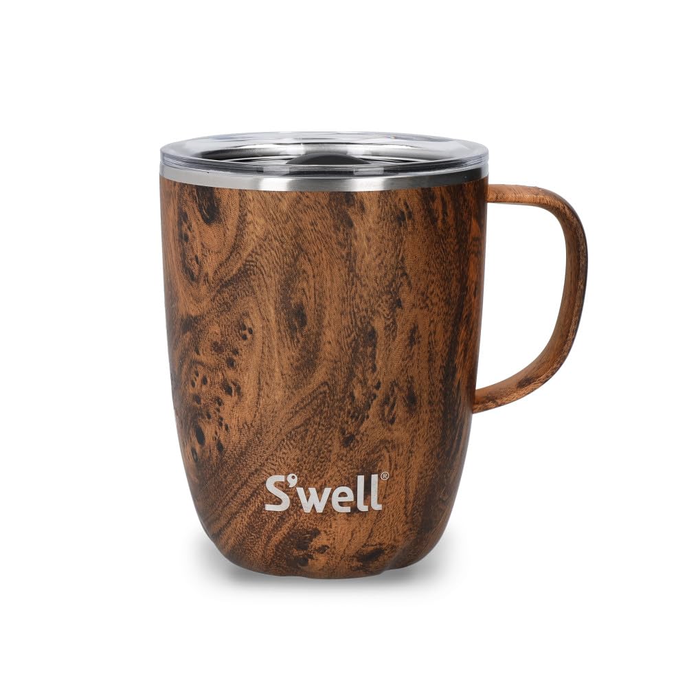 S'well Mug with Handle, Teakwood, 350ml. Vacuum Insulated Stainless Steel Travel Mug with Handle, On-The-Go Travel Cup with Slide-Open Lid - Dishwasher Safe, Brown — image 1