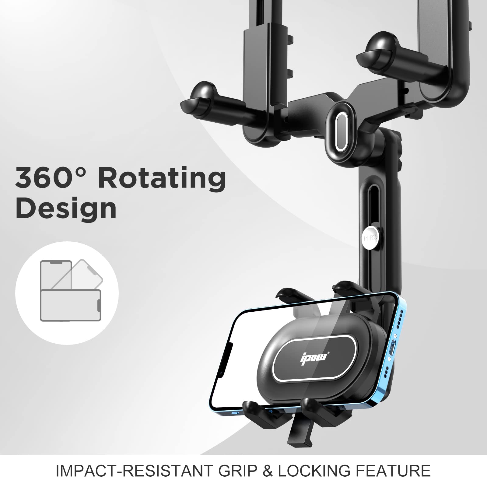 IPOW Large Rearview Mirror Phone Holder, Rotatable and Retractable, Anti-Shake Phone Mount for Car Compatible with iPhone 17/16/15/14/13/12/11 Pro Max, Samsung All 4-7 Inch Phones