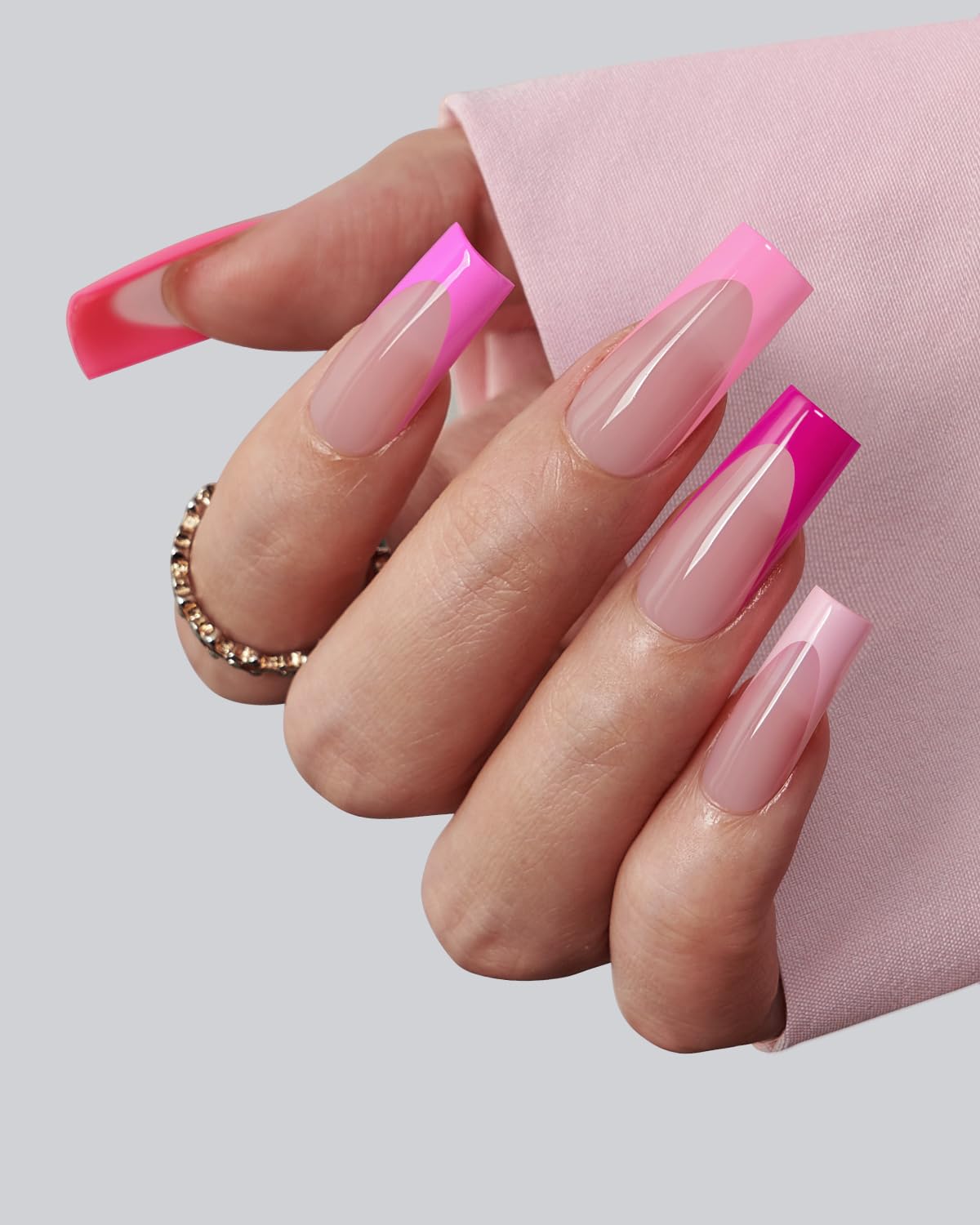 BTArtboxnails XCOATTIPS Pink French Tip Press On Nails - Long Press On Nails Square, Soft Gel Nail Tips, 150Pcs Soak Off Acrylic Pink Fake Nail Extension in 15 Sizes - Image 2