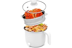 Wxvimi Hot Pot Electric,Electric Noodle Pot,Non-Stick Electric Cooking Pot,Rapid Noodles Cooker,1.8L Electric Ramen Cooker with Steamer,Suitable for Pasta,Dumplings,Soup,Steak.(Rotary switch) White