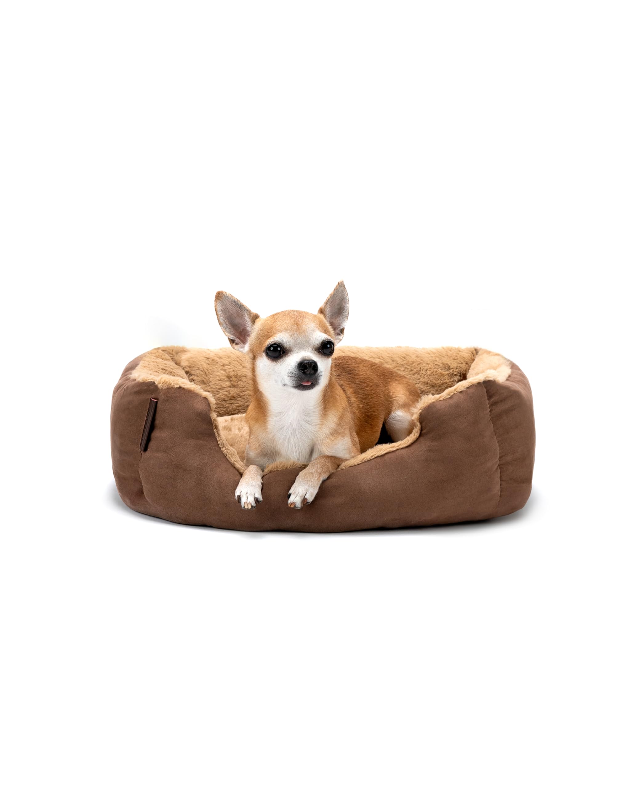 lionto Dog bed with reversible pillow and non-slip underside, robust pet cushion with low entry for dogs and cats of all ages, 50x37 cm, cuddly dog bed, brown/beige