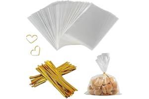 COOLAKE Clear Treat Bags 100 PCS Cellophane Bags Clear Candy Bags with 100 PCS Metallic Twist Ties For Candy Popcorn Cookie Small (4''by 6'')