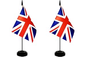 Rotenl 2 Pack UK Britain Desk Flag, British Table Office Flag with Solid Pole and Stand Base, International Country Flag, Festival Celebration, Classroom Meeting Desktop Decoration (UK)