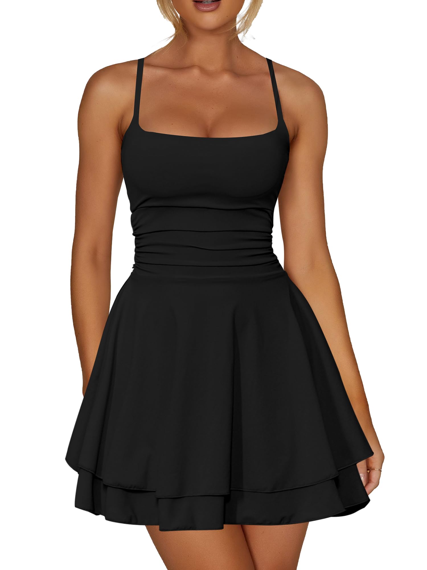 Photo 1 of Kaximil Women's Sexy Ruffle Mini Dress Spaghetti Strap Ruched Corset Party Club Short Dresses, Large, Black