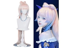 WIGGY MERMAID Kokomi Cosplay Wig Pink Mixed Blue Long Ponytail Wig Anime Cute Hair with Pigtails Bangs for Halloween Party + Cap