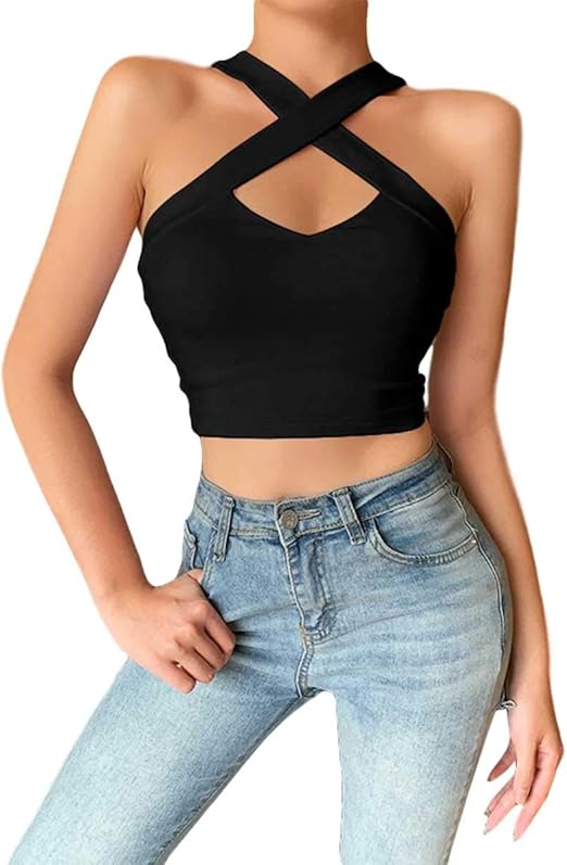 Women Halter Neck Crop Top Crisscross Strap Tank Halter Deep V Neck