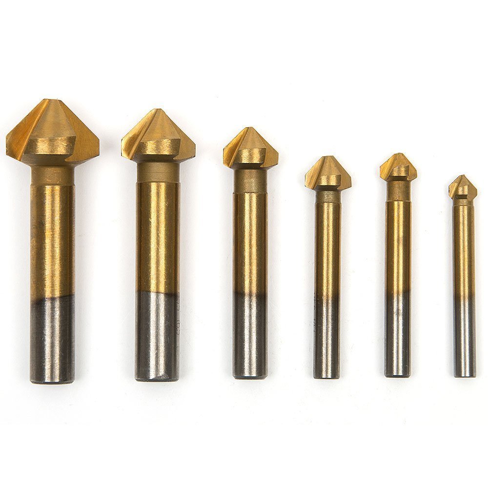 MALAYAS 6pcs 90 Degree 3 Flute 6.3-20.5mm HSS Countersink Drill Bit Titanium Coated Chamfer Cutter End Mill Cutting Tool Set