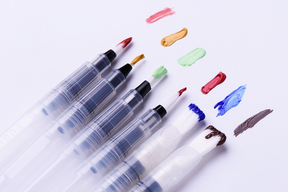 H&B Water Brush Pens Set 6 Watercolor Brushes Assorted Brush Tips Refillable, Watercolor, Calligraphy, Painting