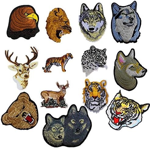 ご予約品 野生動物刺繍ワッペン アイロン接着 13枚セット 虎 狼 鹿 ハウンドドッグ ライオン ワッペン 動物 イーグル ベア アップリケ ハンドメイド チーター