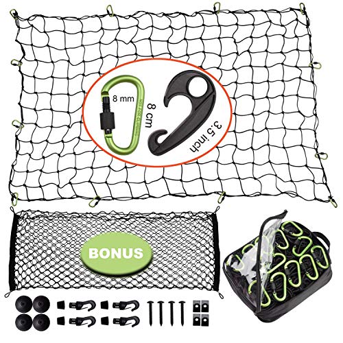 Seah Hardware 4 x 6 FT Super Duty Bungee Cargo Net for Truck Bed Stretches to 8 x 12 FT | 24 Pieces Universal Hooks| Small 4 x 4 Inches Mesh| Bonus 43.3 x 15.7 inch Envelope Cargo Net