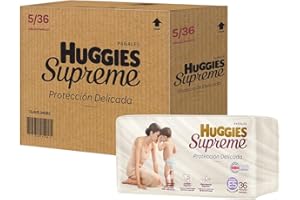 Pañal Huggies Supreme, unisex con 36 pzs, etapa 5, para bebés de hasta 11 a 14.5 kg. Único clinica y dermatologicamente probado