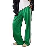 KMBANGI Women Striped Track Pants Elastic Waist Straight Leg Sweatpants Joggers Wide Leg Side Stripes Pants with Pockets