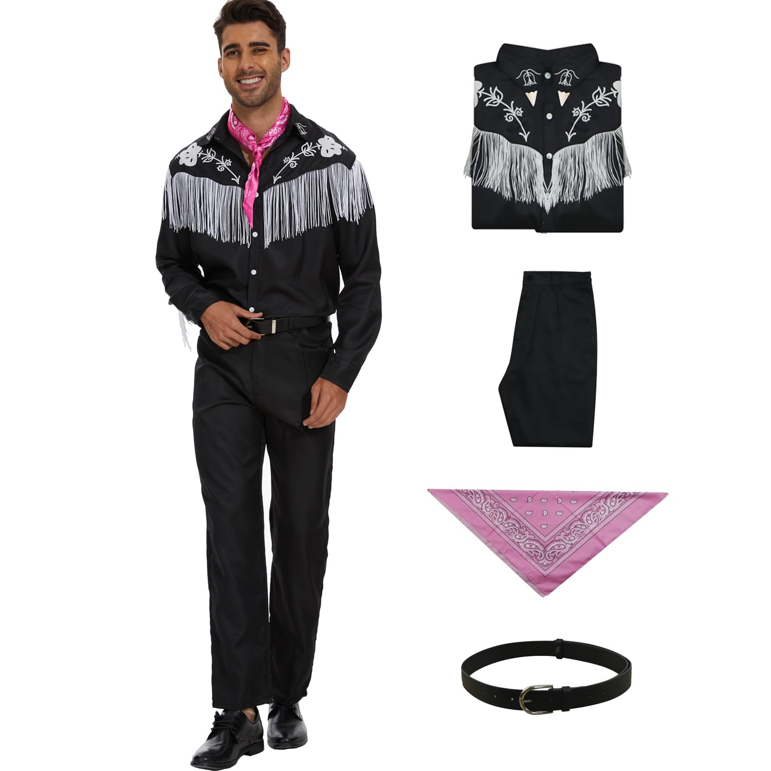 AYYOHON Mens Cowboy Cosplay Costume Movie Cosplay Black Suit Tassels Shirt Pants Tie Set Halloween Outfits Uniform 3XL โ image 1