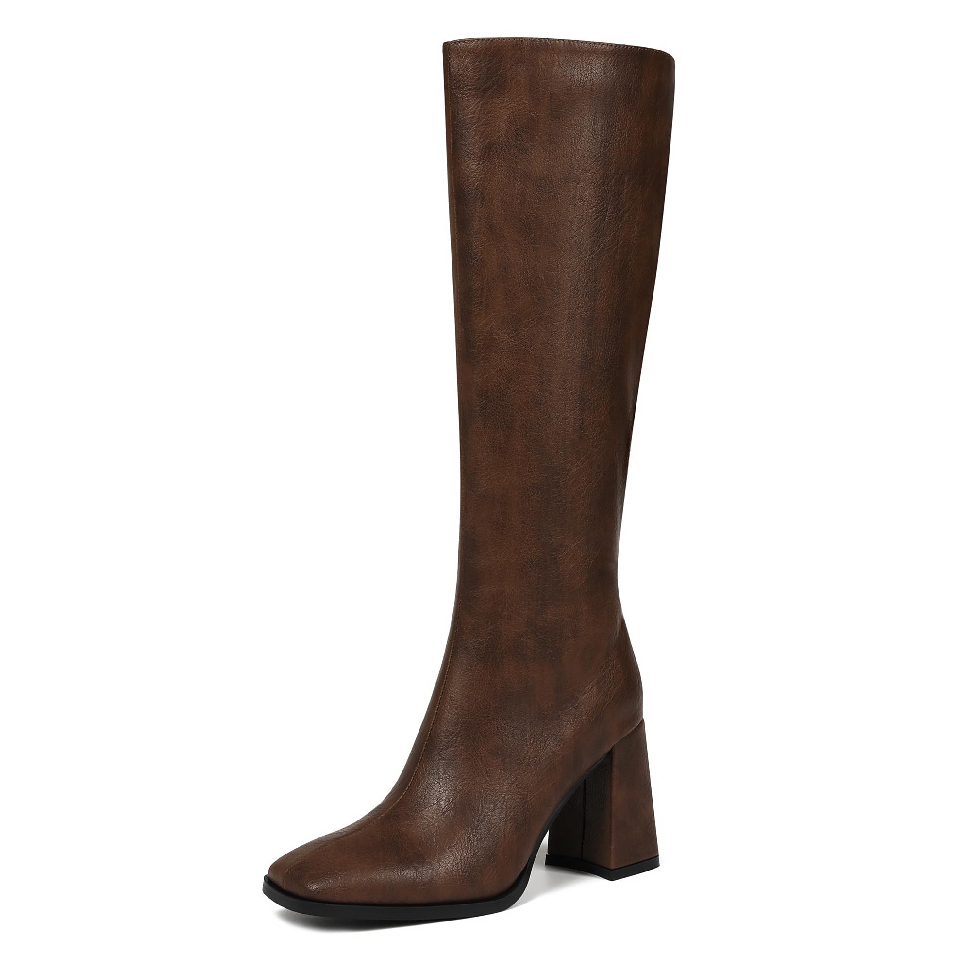 Wetviro Brown Square Toe Knee High Boots Women Chunky Block Heel Dress ...