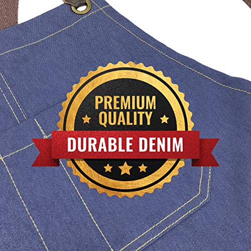 Under NY Sky Pottery Blue Apron – Full Coverage Cross-Back, Durable Denim, Leather Reinforcement Overlapping Split-Leg – Adjustable Men Women – Pro Pottery Artist, Mechanic, Tattoo Aprons