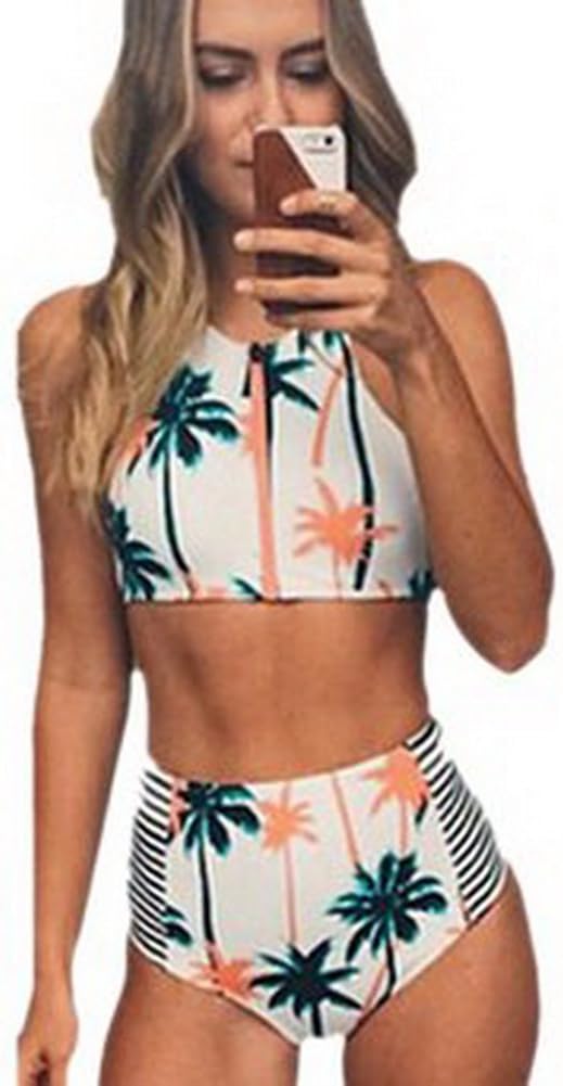 Gritu Women's Coconut Tree Print High Waist Bikini Set Bathing Suit (FBA)