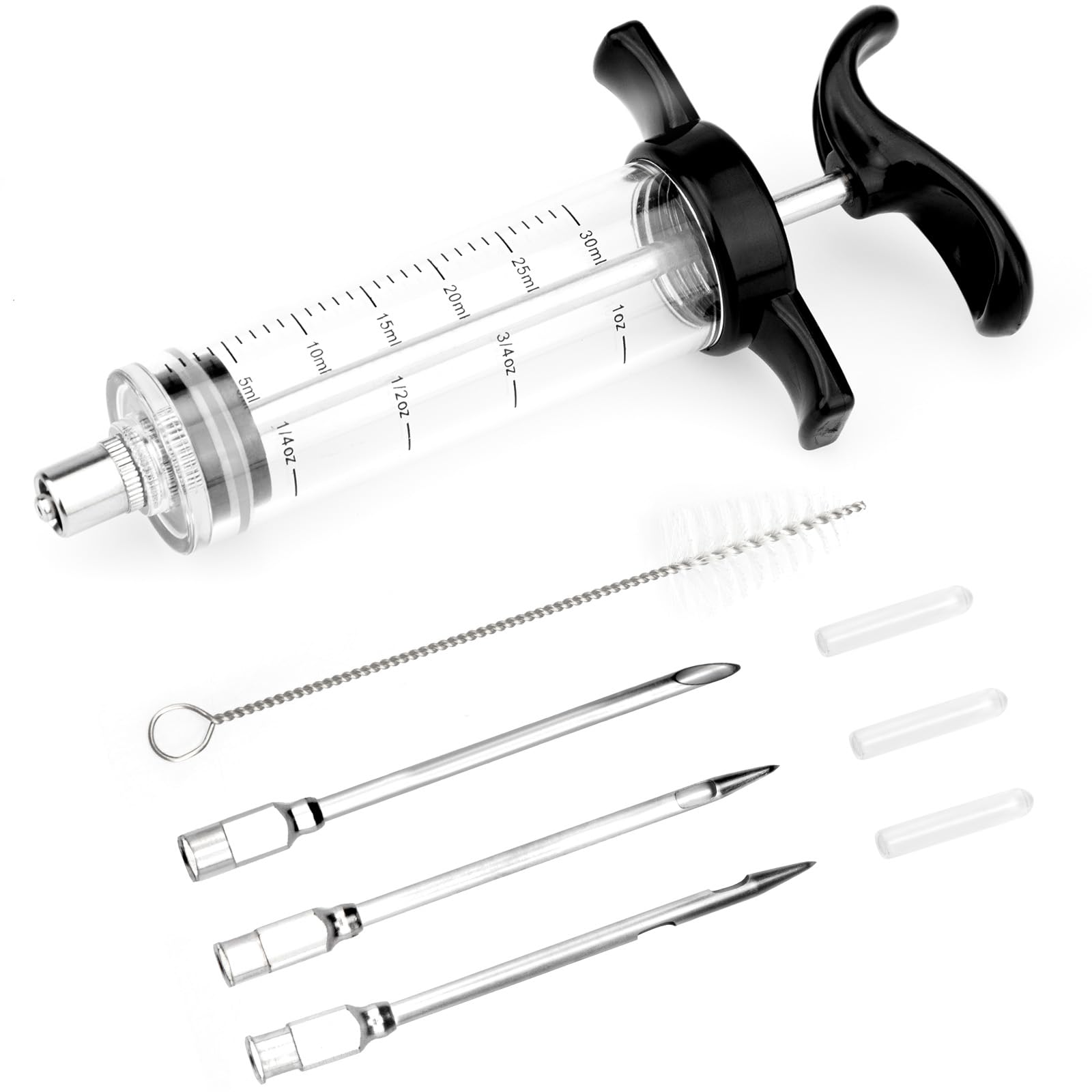 Turkey Meat Injector Syringe Kit with 3 Marinade Needles for BBQ Grill Smoker, 1 Cleaning Brush, 1 Oz/30 ml Large Capacity Injector Marinades for Meats Black