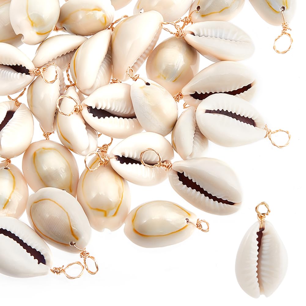 Beebeecraft 1 Box 50Pcs 18K Gold Plated Natural Scallop Shell Pendants Sea Beach Seashells Cowrie Shell Pendant Charms for Jewellery Making DIY Bracelet Necklace Earrings