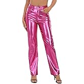 HDE Women's Shiny Metallic Faux Leather Pants High Waisted Straight Leg Trousers