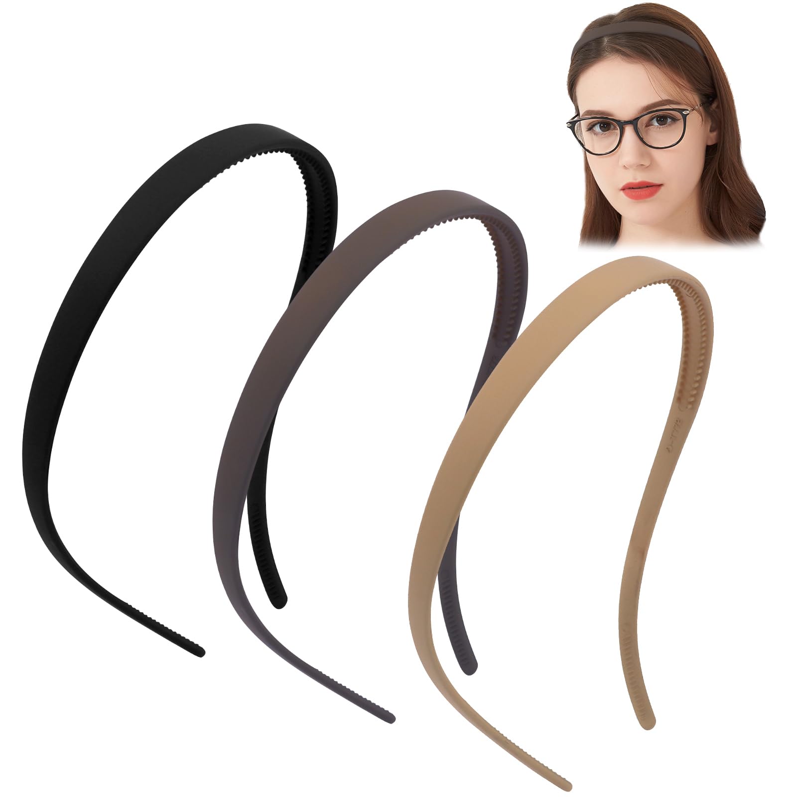 Auiremrti 3 Pieces Zigzag Hairband With Clips, Thin Hairbands for Women, Matte Finish, Non-Slip, Ideal for Glasses and Everyday Use (Black + Wine Red + Coffee)