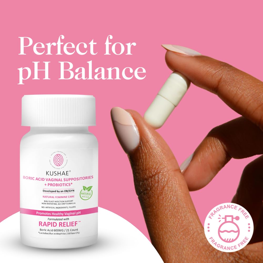 Kushae Boric Acid Suppositories + Rapid Relief with Applicator, All Natural Female Suppositories with Probiotics & Aloe Vera, Relieves Discomfort & Balances pH Level